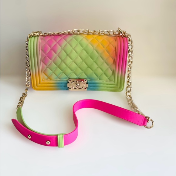 Multicolor Rainbow Quilted Style Silicone Jelly PVC Crossbody Purse Bag NEW - Picture 1 of 12